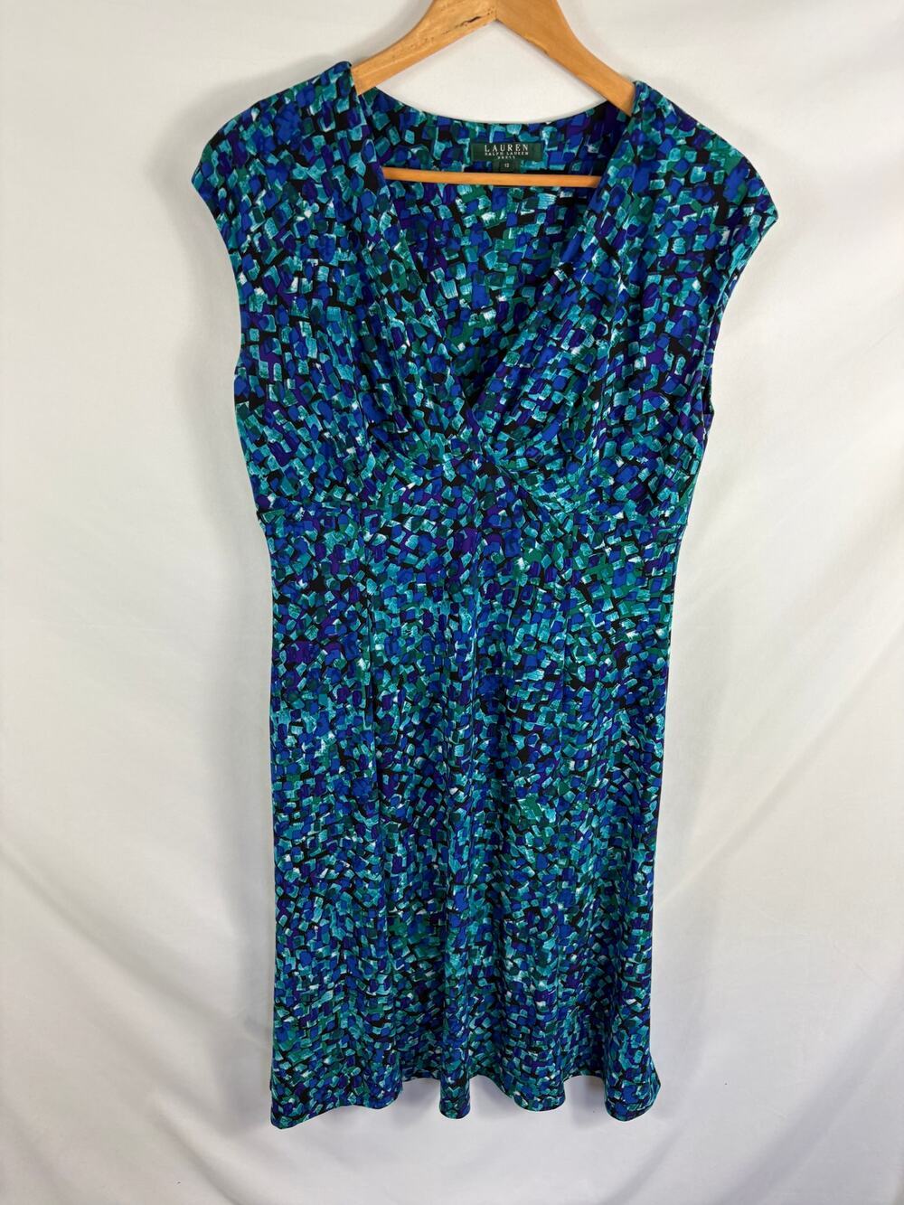 Lauren Ralph Lauren Blue Green Patterend V Neck Dress Size 12
